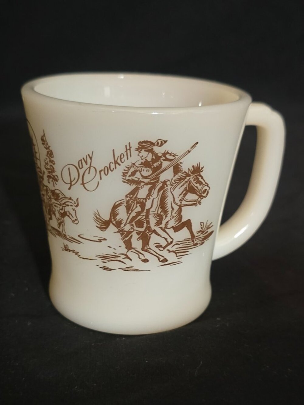 Vtg Fire King Oven Ware Davey Crockett Milk Glass Coffee Mug - Brown